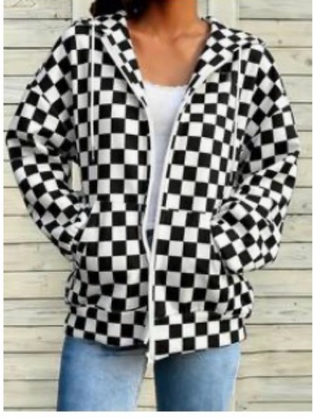 Checkerboard Zip-Up Hoodie Jacket - Black & White